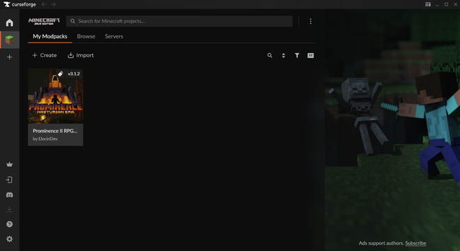 CurseForge écran initial de l’application pour Minecraft