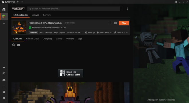Sélection du profil modpack ou Minecraft sur CurseForge
