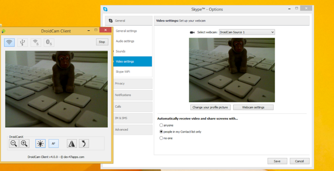 Pannello di configurazione per il client desktop di DroidCam su Windows