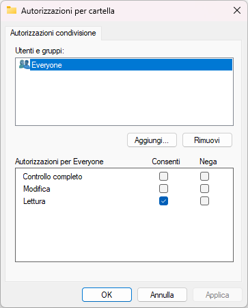 Finestra Autorizzazioni condivisione di Windows con il gruppo Everyone e il permesso di sola lettura