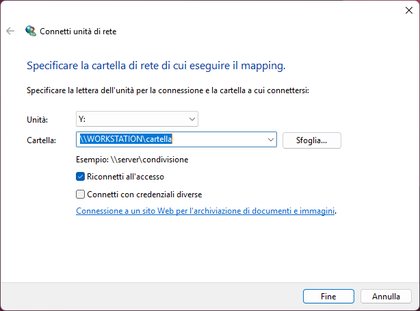 Finestra Connetti unità di rete con la lettera scelta e la riconnessione all’avvio