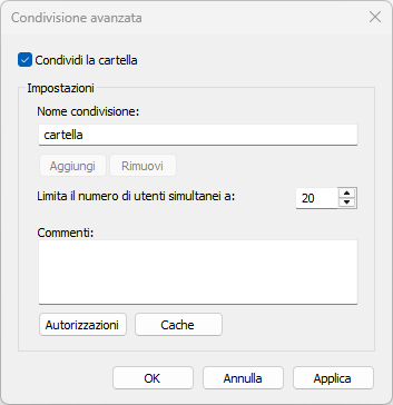 Finestra Condivisione avanzata di Windows con il nome della condivisione e il pulsante Autorizzazioni