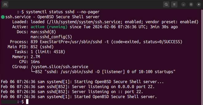 Terminale Ubuntu con l’esito di systemctl status ssh e il servizio contrassegnato come active running