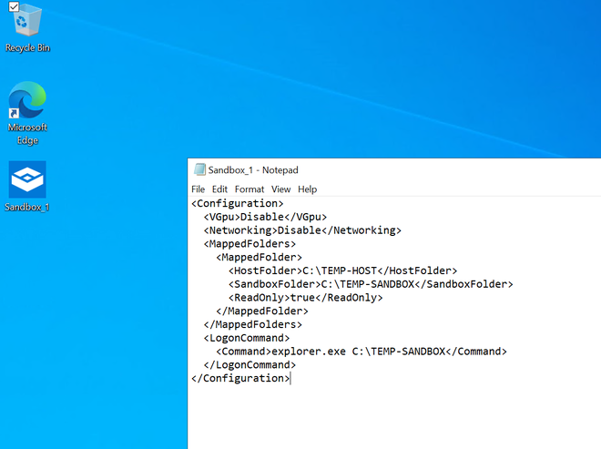 File di configurazione .wsb di Windows Sandbox aperto nel Blocco note con le impostazioni della sandbox