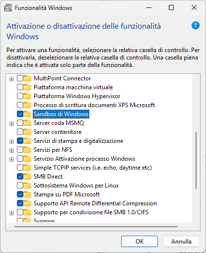 Finestra delle funzionalità facoltative di Windows con la casella «Sandbox di Windows» spuntata