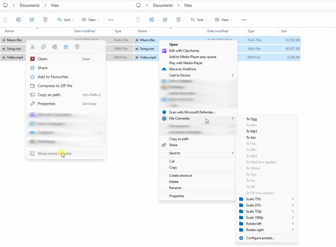 Menu contestuale di Windows che mostra le opzioni di conversione rapida di File Converter