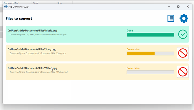Finestra di avanzamento della conversione dei file in corso tramite File Converter