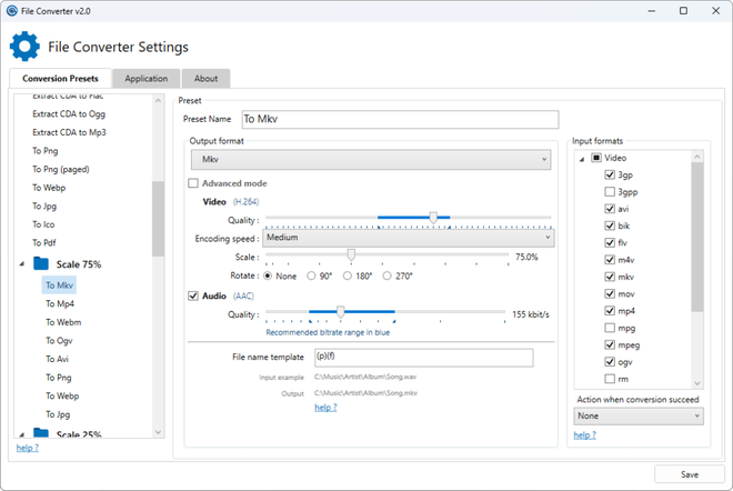 Pannello delle impostazioni di File Converter per personalizzare qualità e preset di conversione
