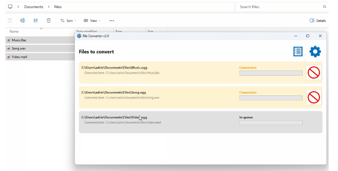 Finestra di avanzamento con la barra di completamento di più file convertiti in sequenza