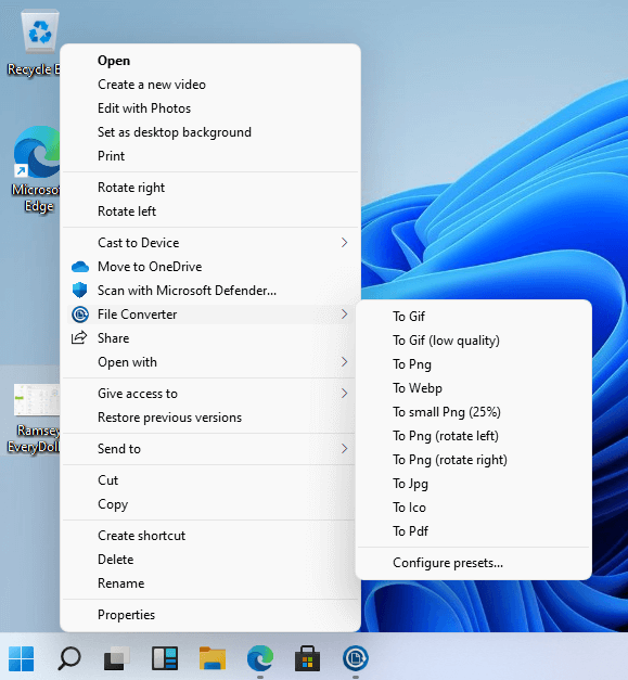 Menu contestuale di Esplora file aperto sulla voce File Converter con i formati di conversione disponibili