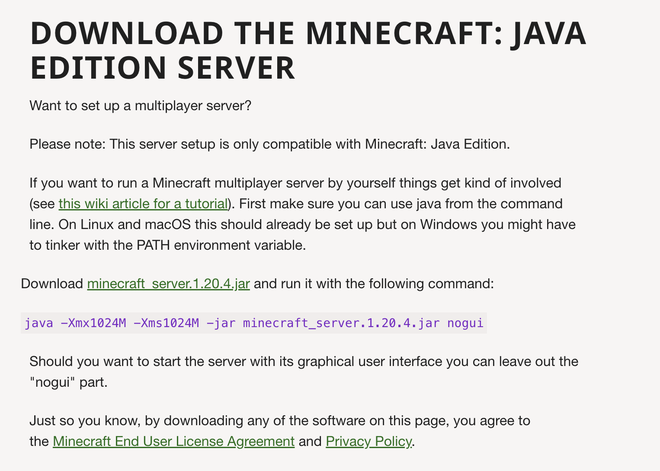 Page de téléchargement officielle de fichier JAR pour Minecraft Server