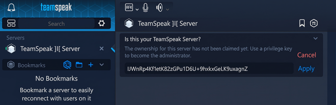 Client TeamSpeak che chiede la chiave privilegi per ottenere i permessi di amministratore del server