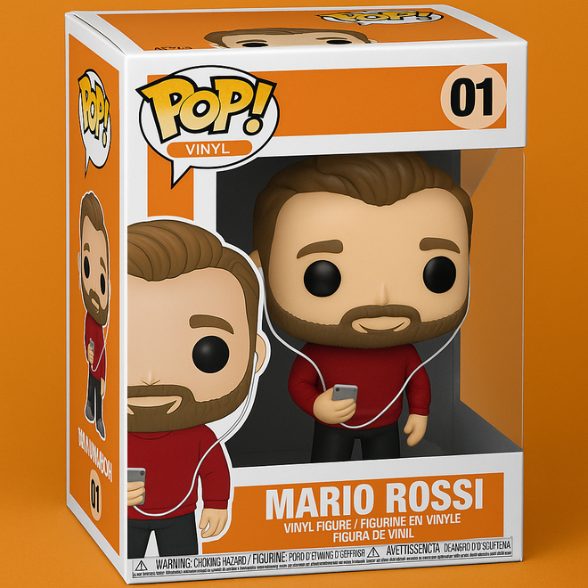 Risultato finale del Funko Pop personalizzato generato da ChatGPT con scatola arancione e nome Mario Rossi