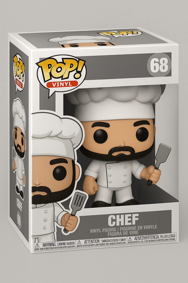 Generazione AI di un Funko Pop a tema chef con spatola e confezione grigia personalizzata
