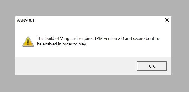 Messaggio di Vanguard che segnala l’avvio protetto o il TPM non attivi e blocca la partita