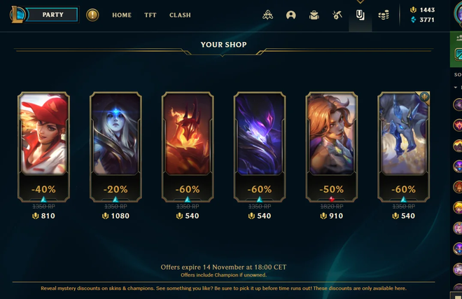 Sezione Il tuo negozio del client di League of Legends con le skin in sconto personalizzato