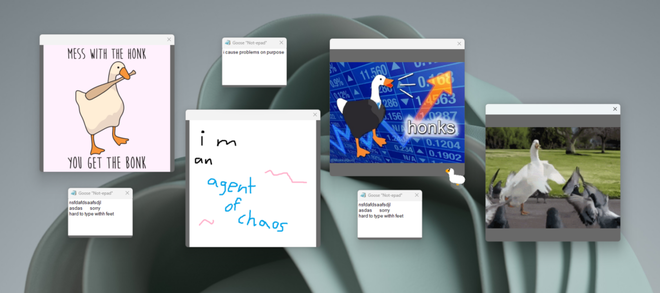 Esempio di meme e messaggi pop-up divertenti generati dall’applicazione Desktop Goose