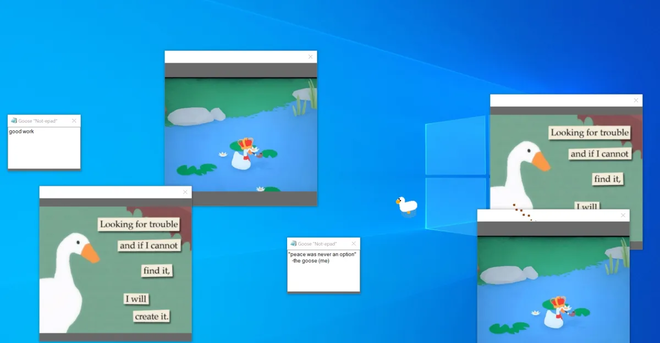 Oca virtuale di Desktop Goose che cammina sopra le finestre aperte trascinando un bigliettino