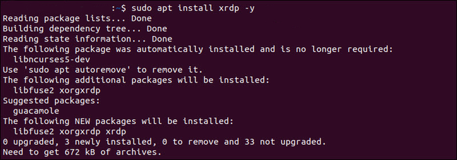 Terminale Ubuntu durante l’aggiornamento apt e installazione del pacchetto server xrdp