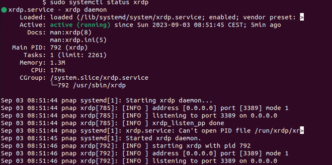 Verifica dello stato attivo e running del servizio xrdp su Ubuntu tramite systemctl