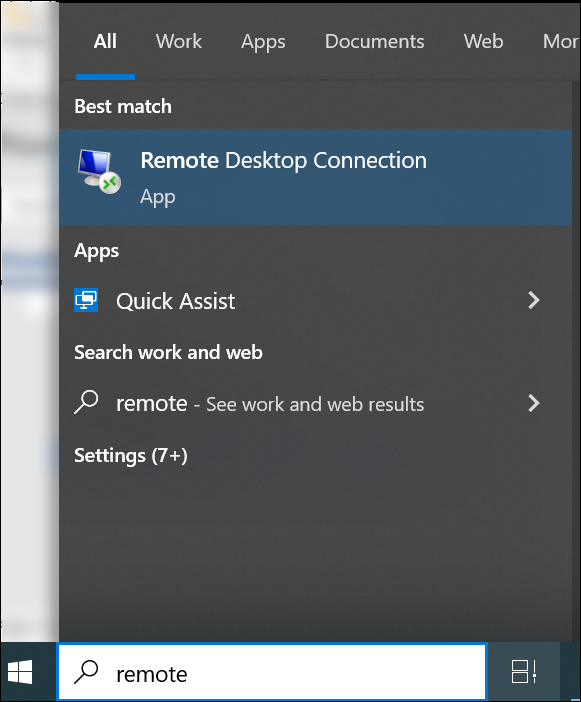 Apertura dell’app Connessione Desktop Remoto tramite la barra di ricerca su Windows