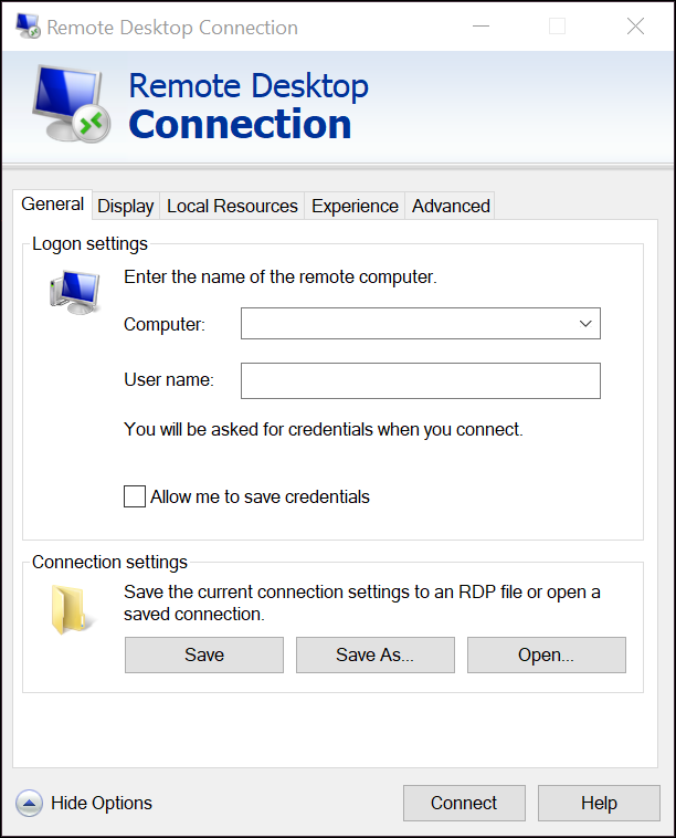 Inserimento indirizzo IP e nome utente nel client Connessione Desktop Remoto di Windows