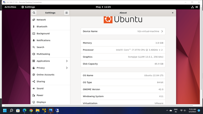 Sessione di Connessione Desktop remoto da Windows 11 già collegata al desktop di Ubuntu 22.04