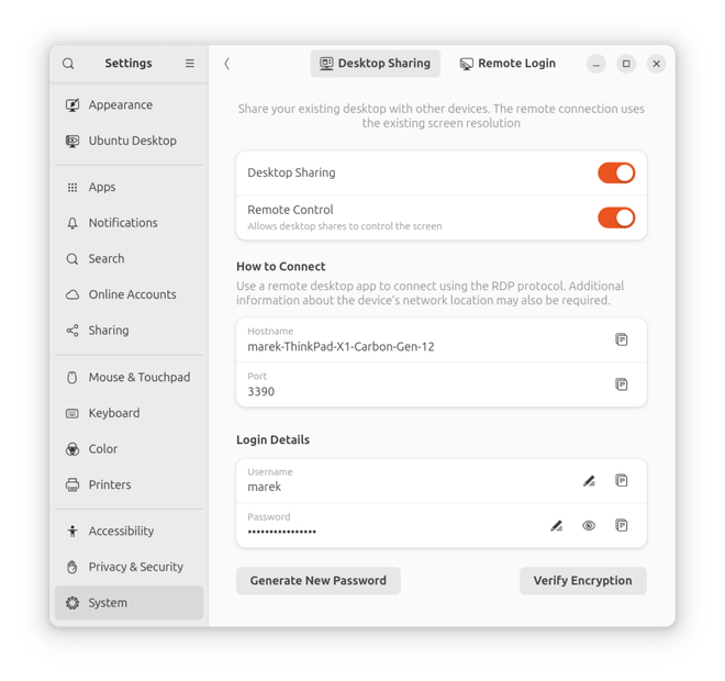 Pannello Desktop remoto nelle impostazioni di Ubuntu con le schede Condivisione della scrivania e Accesso remoto