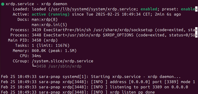 Terminale Ubuntu con l’esito di systemctl status xrdp e il servizio contrassegnato come active running