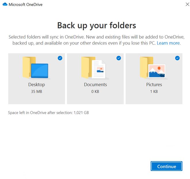 Finestra di OneDrive per il backup delle cartelle con gli interruttori di Documenti, Immagini, Desktop, Musica e Video (interfaccia in inglese)