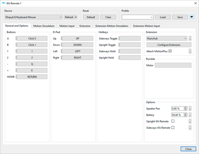 Configurazione del Wii Remote emulato in Dolphin, scheda General and Options
