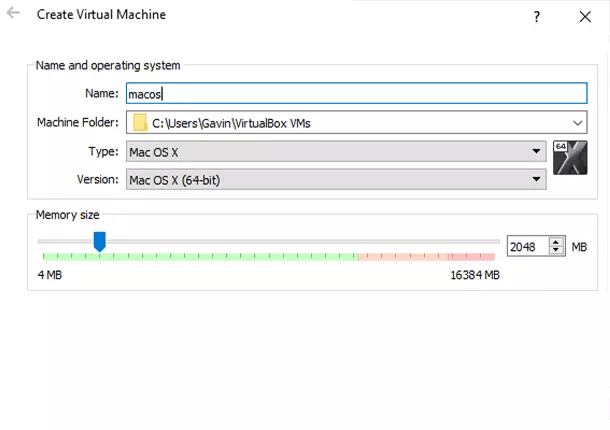 Schermata creazione macchina virtuale macOS in VirtualBox