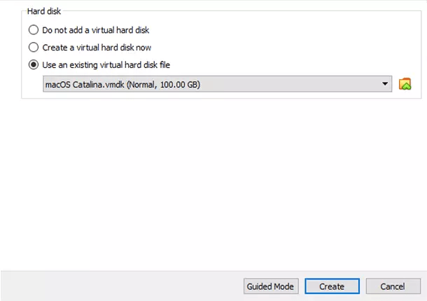 Selezione del file VMDK di macOS Catalina per il disco virtuale in VirtualBox