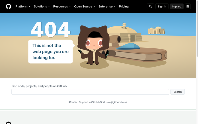 Pagina di errore 404 di GitHub mostrata al posto di un repository non più disponibile