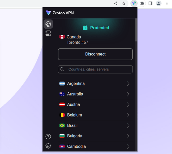 Finestra dell'estensione Proton VPN aperta in Chrome con l'elenco dei paesi disponibili