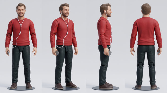 Quattro viste della stessa action figure affiancate: frontale, di tre quarti, di profilo e posteriore