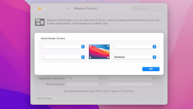 Schermata di configurazione degli Angoli attivi su macOS per avviare comandi rapidi