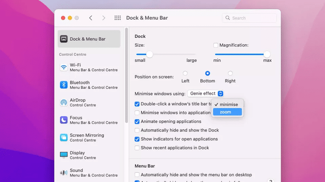 Impostazione macOS per ridurre a icona le finestre con il doppio clic