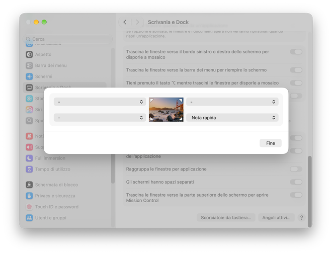 Pannello degli Angoli attivi di macOS con i quattro menu a tendina per assegnare un’azione a ogni spigolo