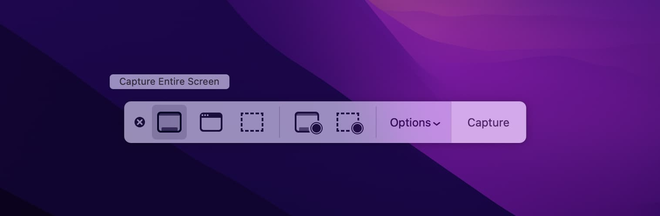 Barra di cattura di macOS con i pulsanti per schermata, porzione e registrazione dello schermo e il menu Opzioni