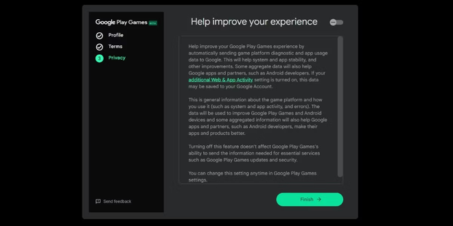 Schermata conclusiva della procedura di installazione di Google Play Games per Windows