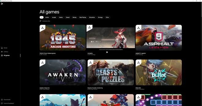 Catalogo «All games» dell’app Google Play Giochi per PC con i filtri per categoria e le copertine dei giochi