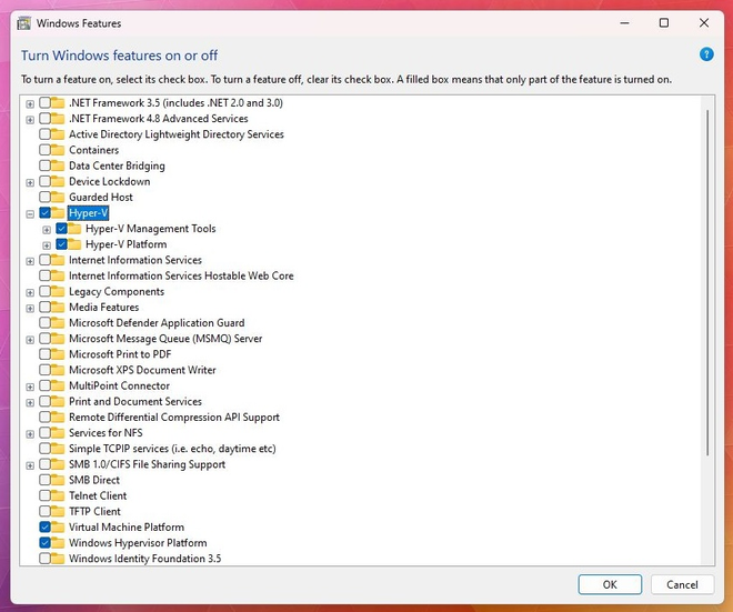 Pannello delle funzionalità di Windows con le caselle della virtualizzazione da spuntare