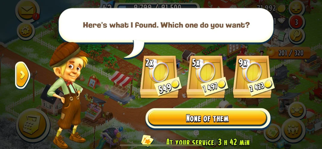 Schermata di Hay Day con il fattorino Tom e la richiesta di un oggetto di valore elevato