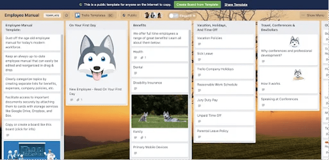 Modello di Employee Manual su Trello per archiviare le procedure HR e le policy aziendali