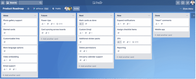 Roadmap di prodotto organizzata tramite template Trello per seguire gli step di sviluppo e lancio