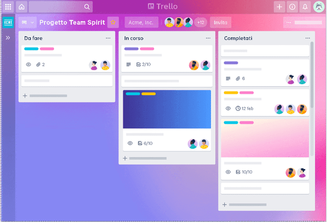 Bacheca principale di Trello con liste e schede organizzate per la gestione dei task