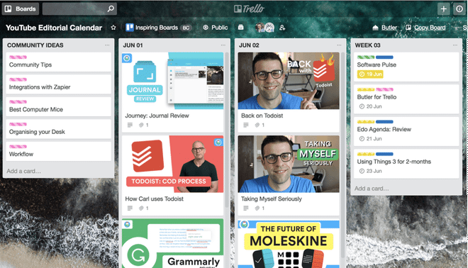 Calendario e piano editoriale YouTube gestito attraverso la bacheca di Trello