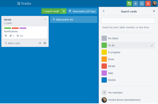 Utilizzo della barra di ricerca e dei filtri avanzati per individuare task e progetti in Trello