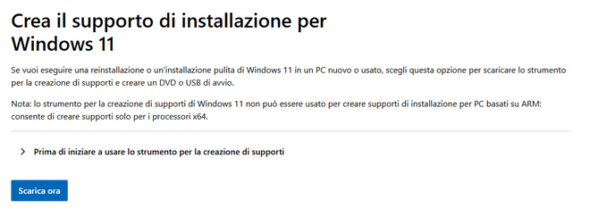 Pagina di download ufficiale del Windows Media Creation Tool per Windows 11